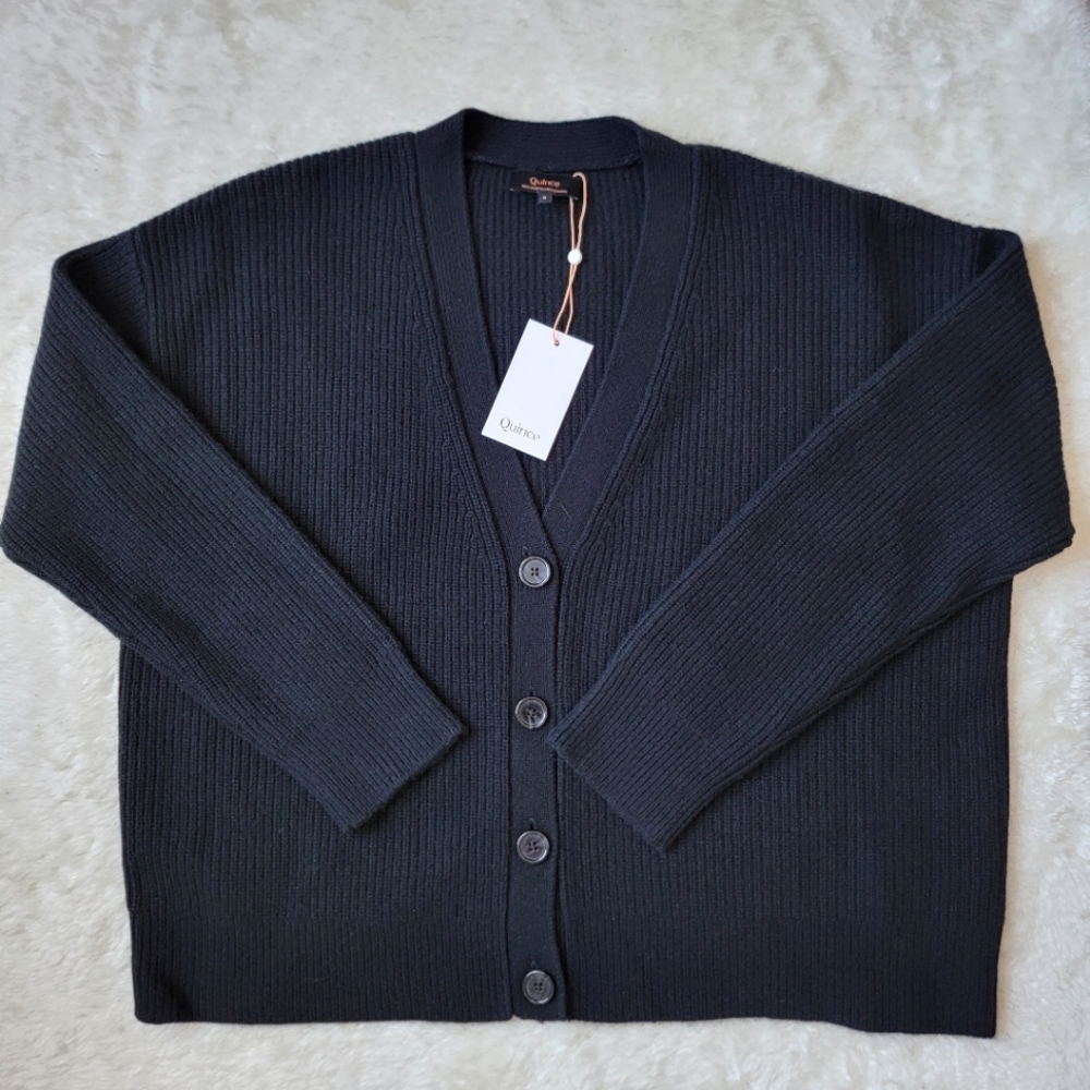 Quince Black Ribbed V-Neck Button Cardigan